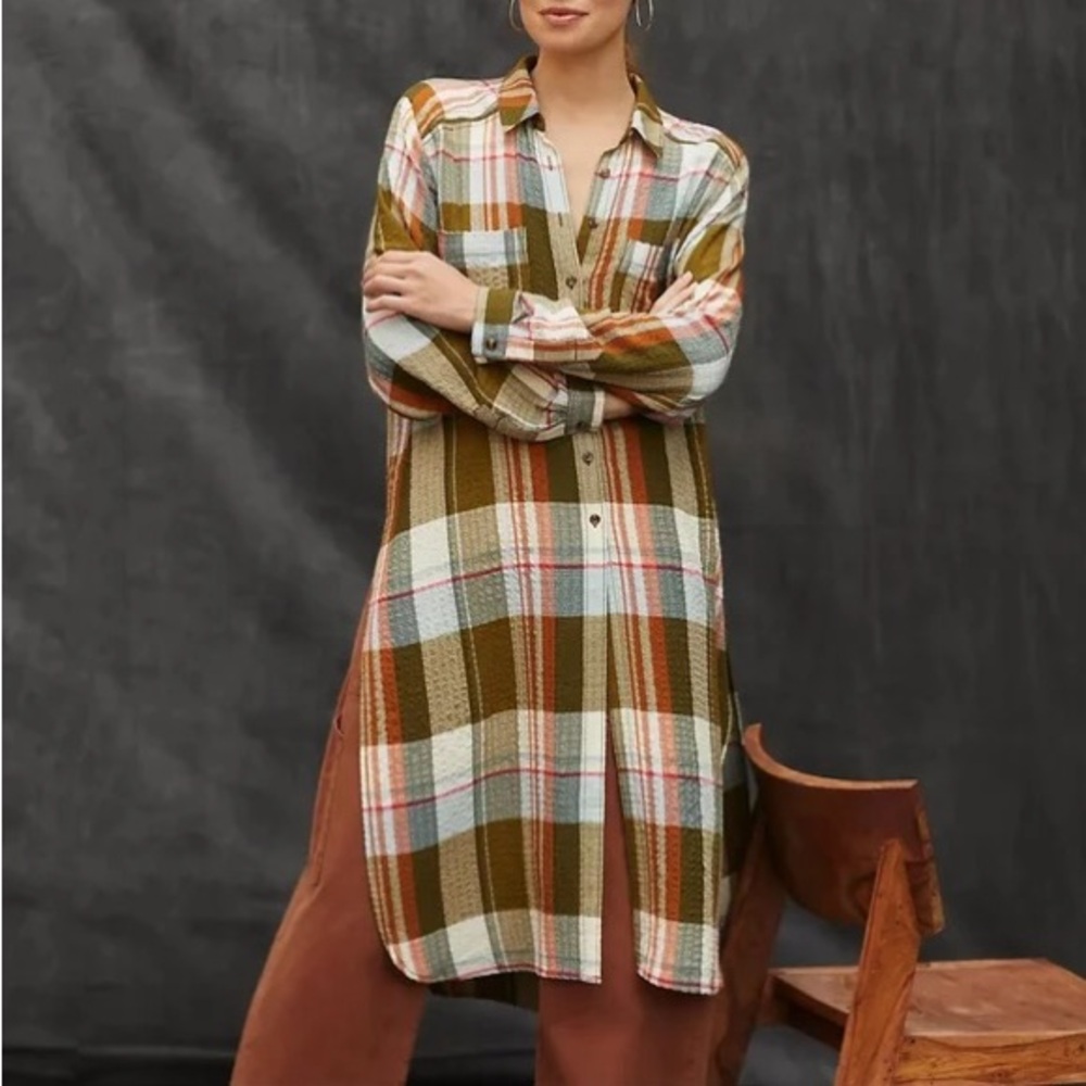 PILCRO x ANTHROPOLOGIE Side Slit Maxi Tunic Button Down Shirt Shirtdress Duster - Picture 4 of 15